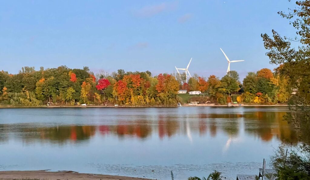 Lake view of Fall Leaves and Windmills