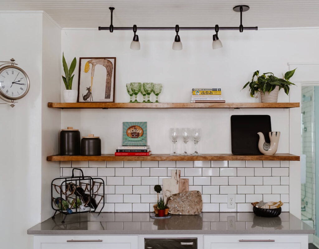 Open Shelving Kitchen Bar with home goods Vintage Glasses, Art, Plants and Accessories from some favorite online sites. 
