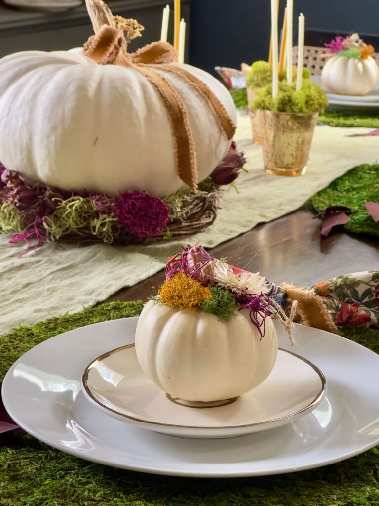 White Pumpkin and Dried Floral Tablescape for Fall decor.