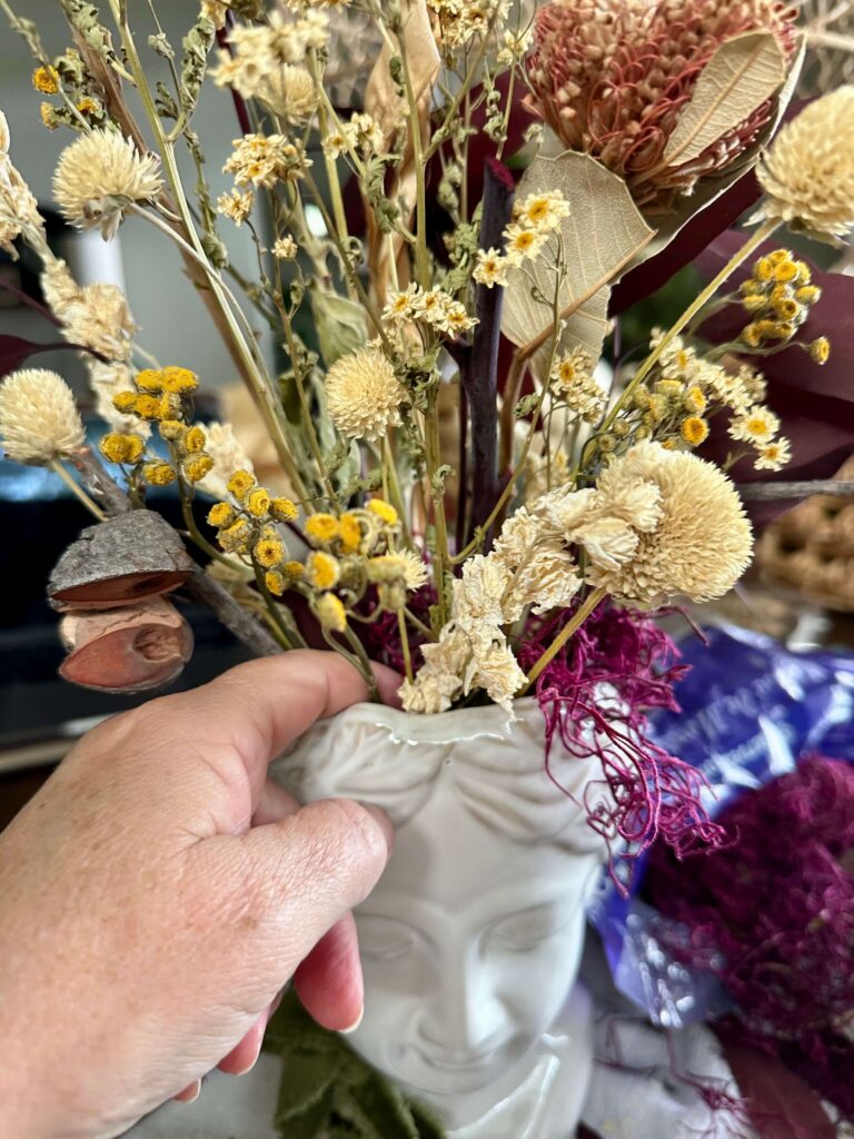 DIY dried flower arrangement in process. 