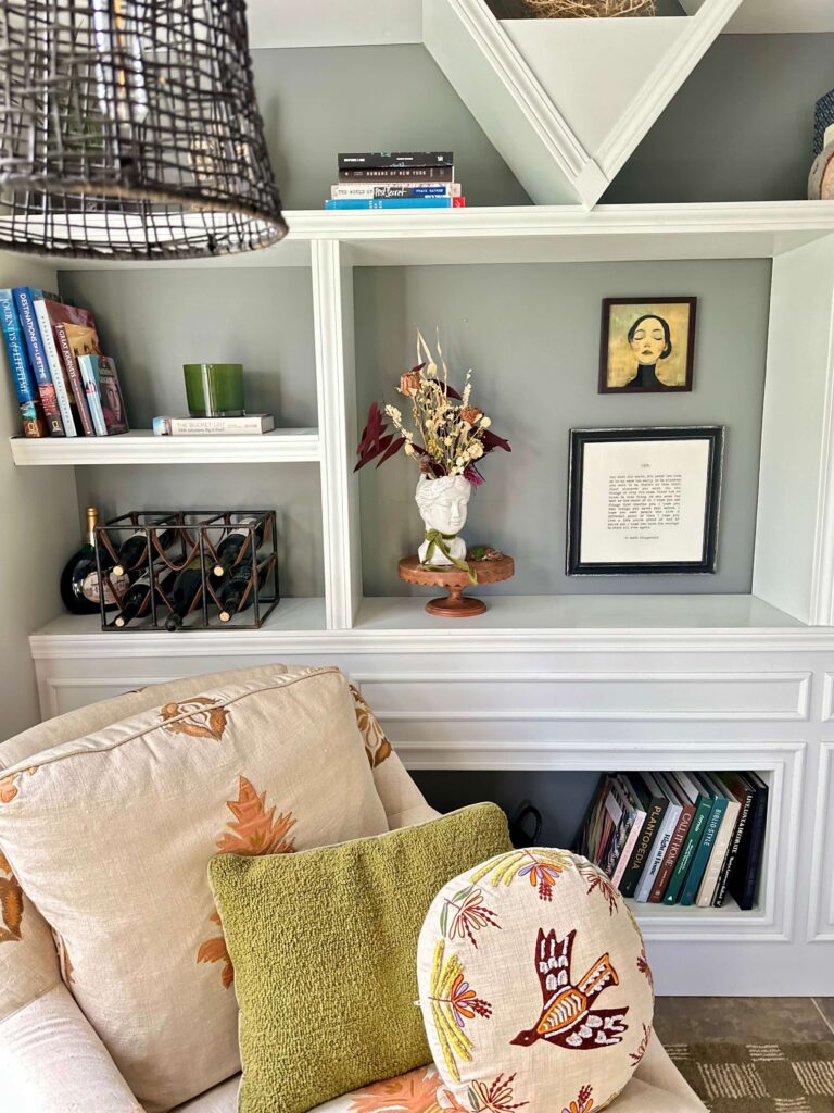 Bookcase decorated for Fall