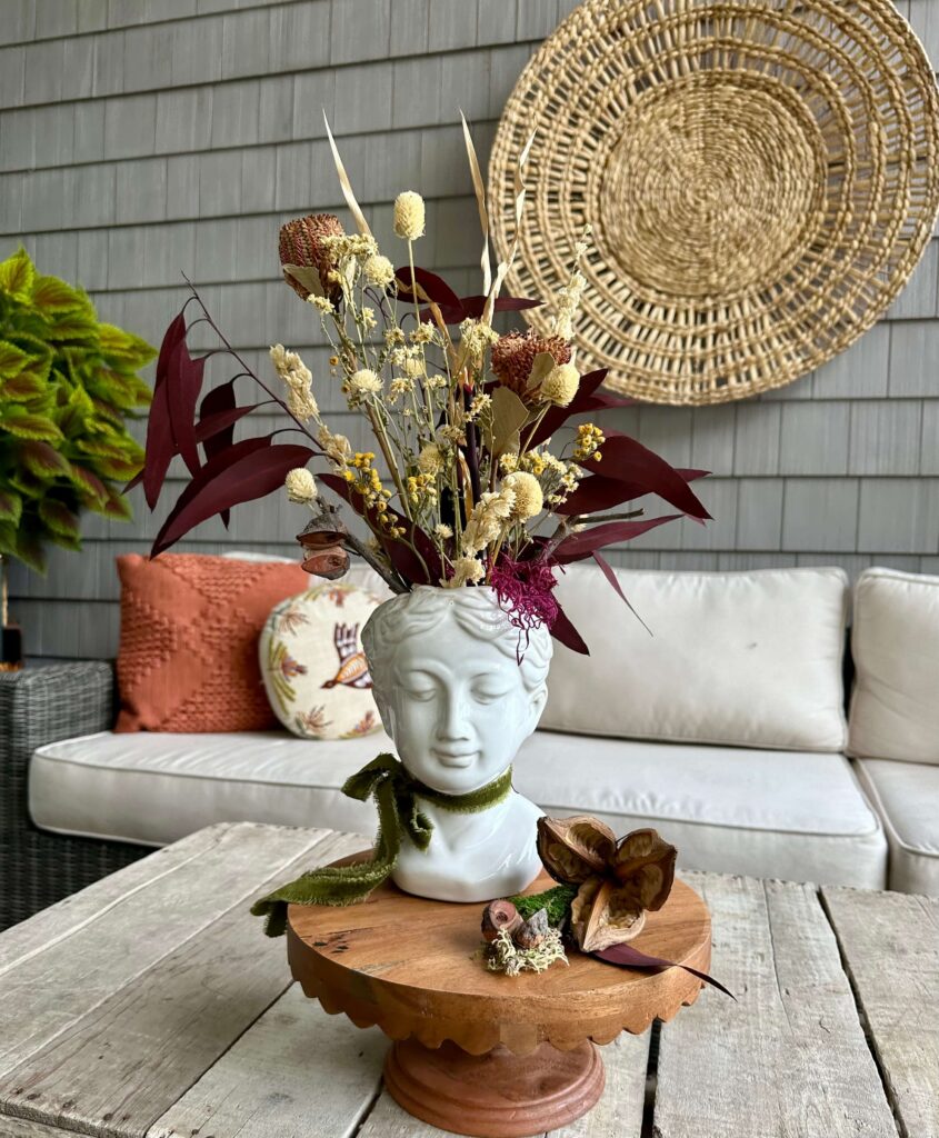 Lady Head Vase filled with Dried Florals for Fall.