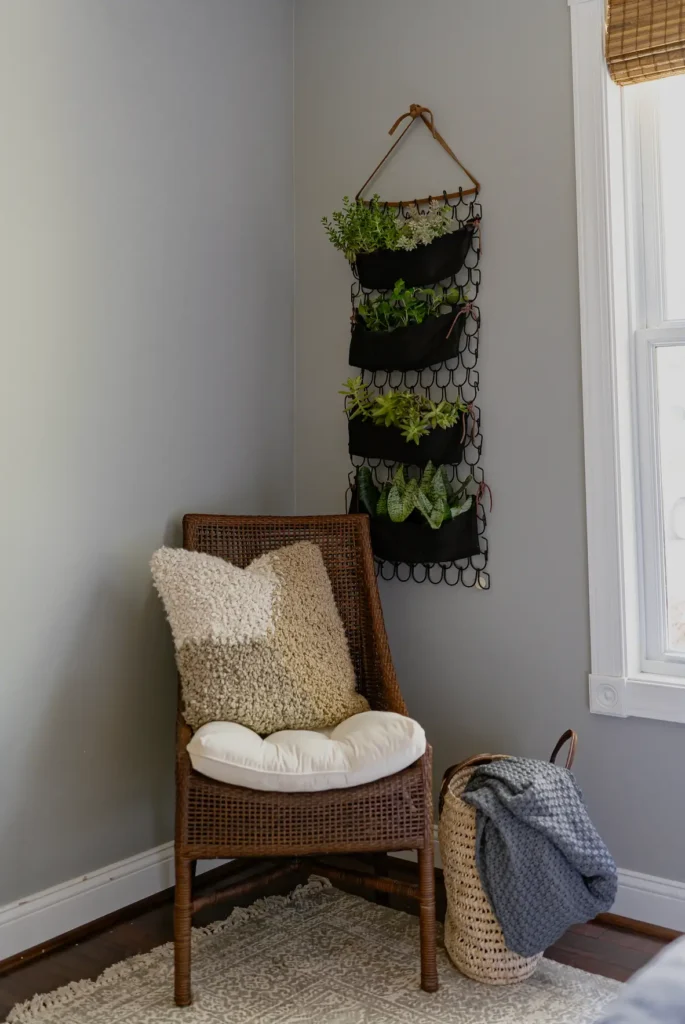 Woven Chair in a corner of a Fall Bedroom Refresh.