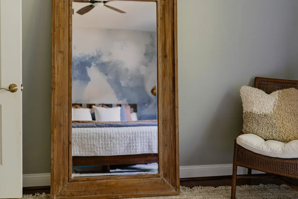 Large Leaning Mirror in Fall Bedroom.