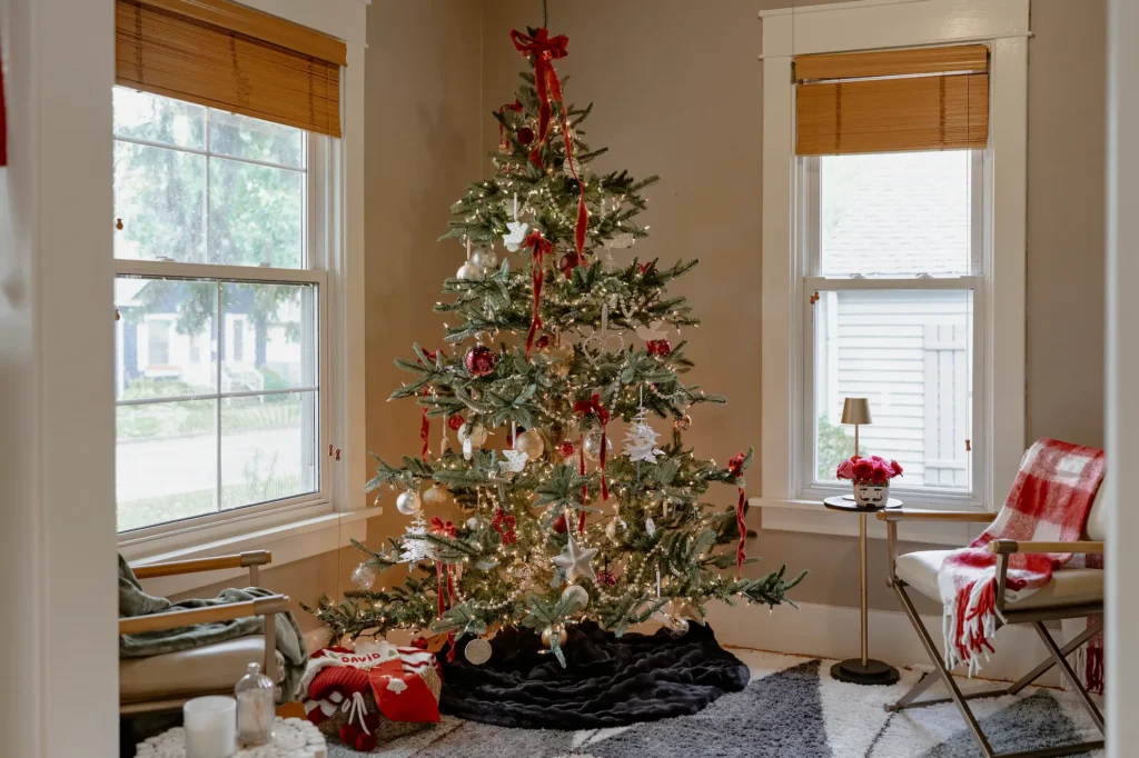 Christmas Tree decorated with Burgandy Ribbon