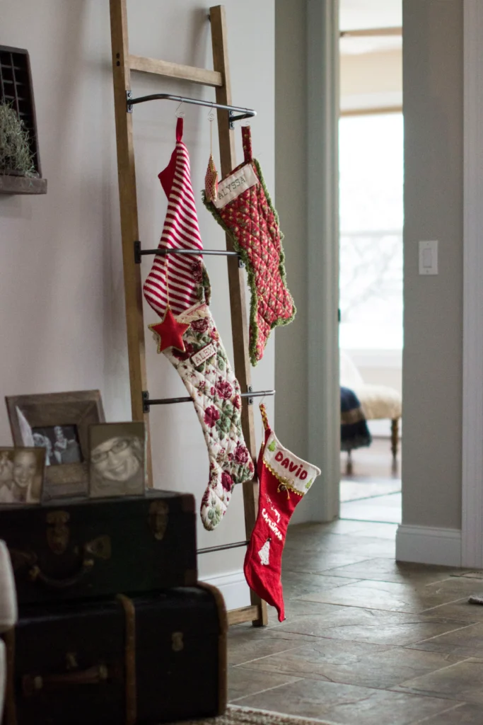 Blanket ladder with Christmas Stockings