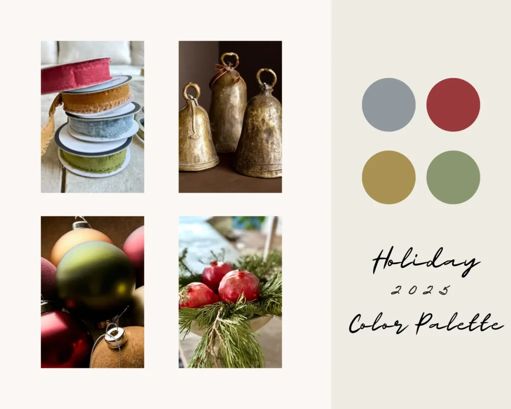 Holiday Palette Moodboard with soft blues, greesns and burgandy with metallics.