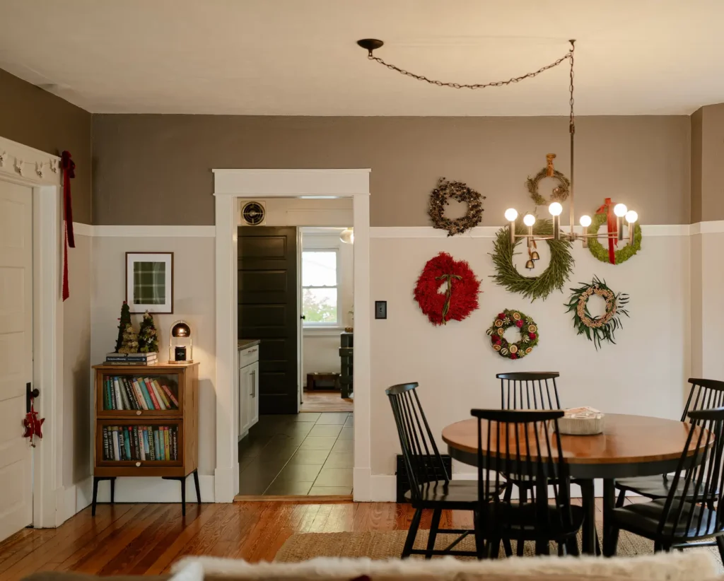 Dining Room Area Decked out for the Holidays including a Wreath Wall