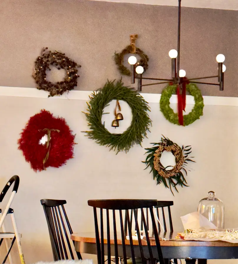 Putting together a Wreath wall for Christmas.