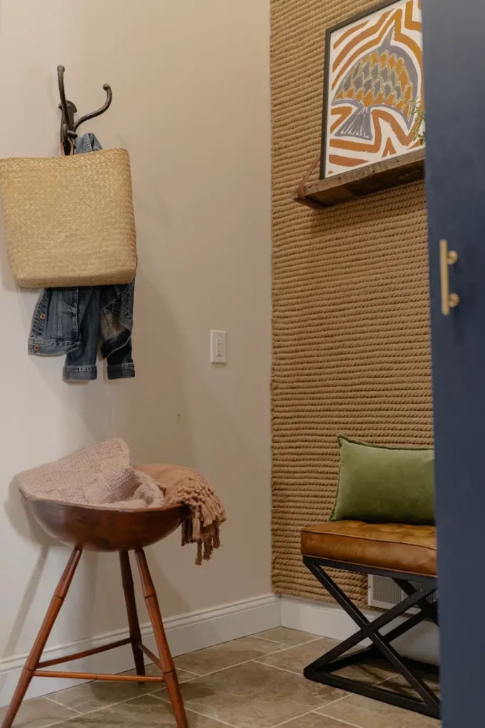 Rope wall in a laundry room.