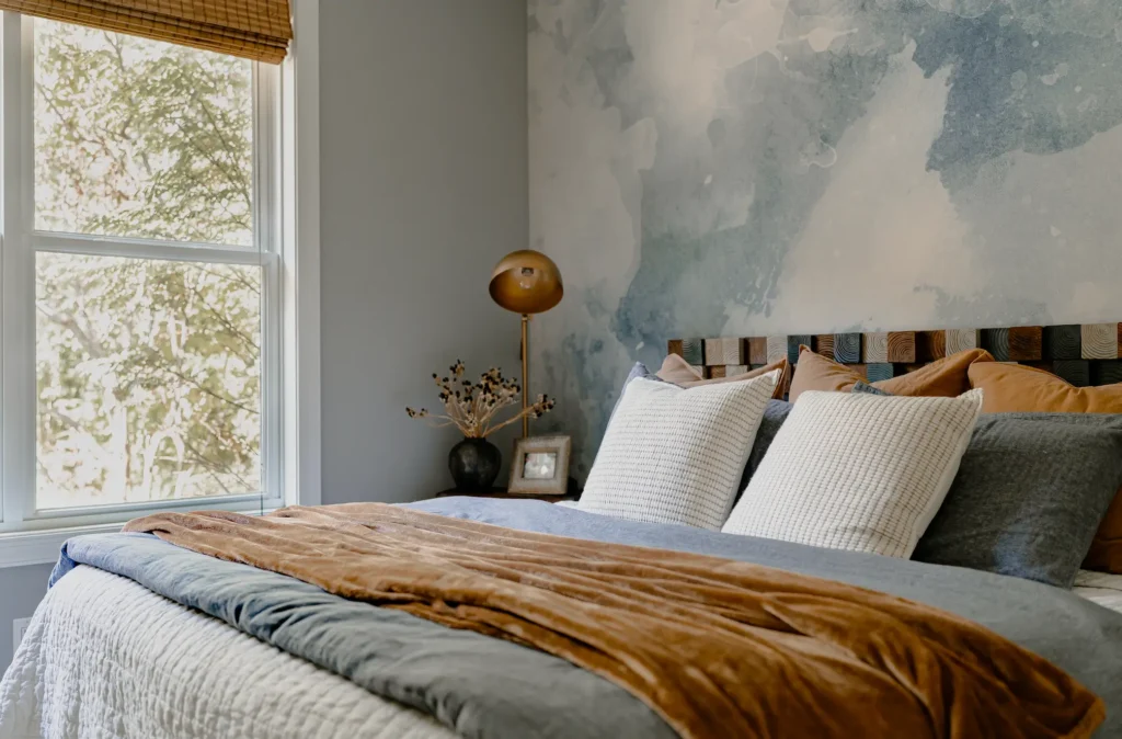 Bedroom decorated with Browns and blues.