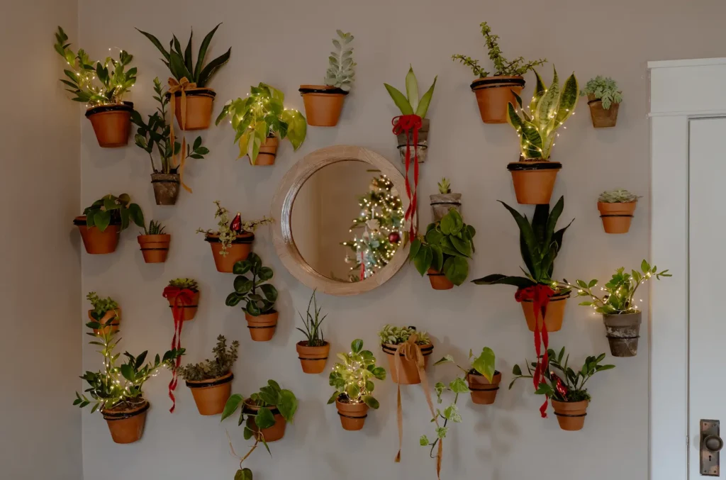 Plant wall with houseplants decorated for the holidays.