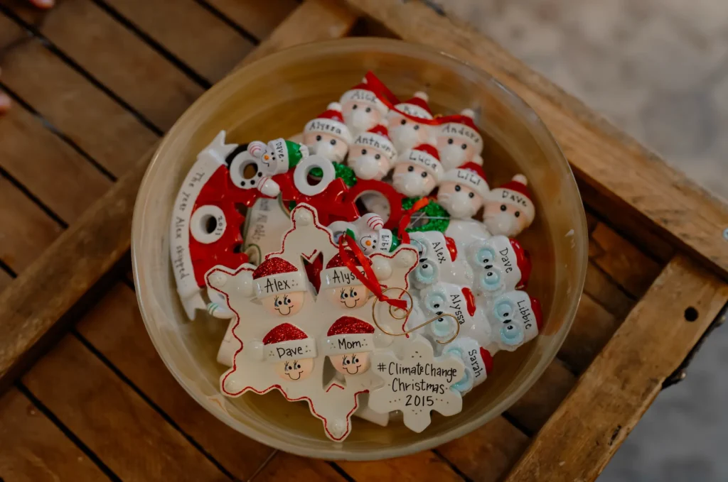 Personalized Christmas Ornaments in a bowl for Coffee Table decor.