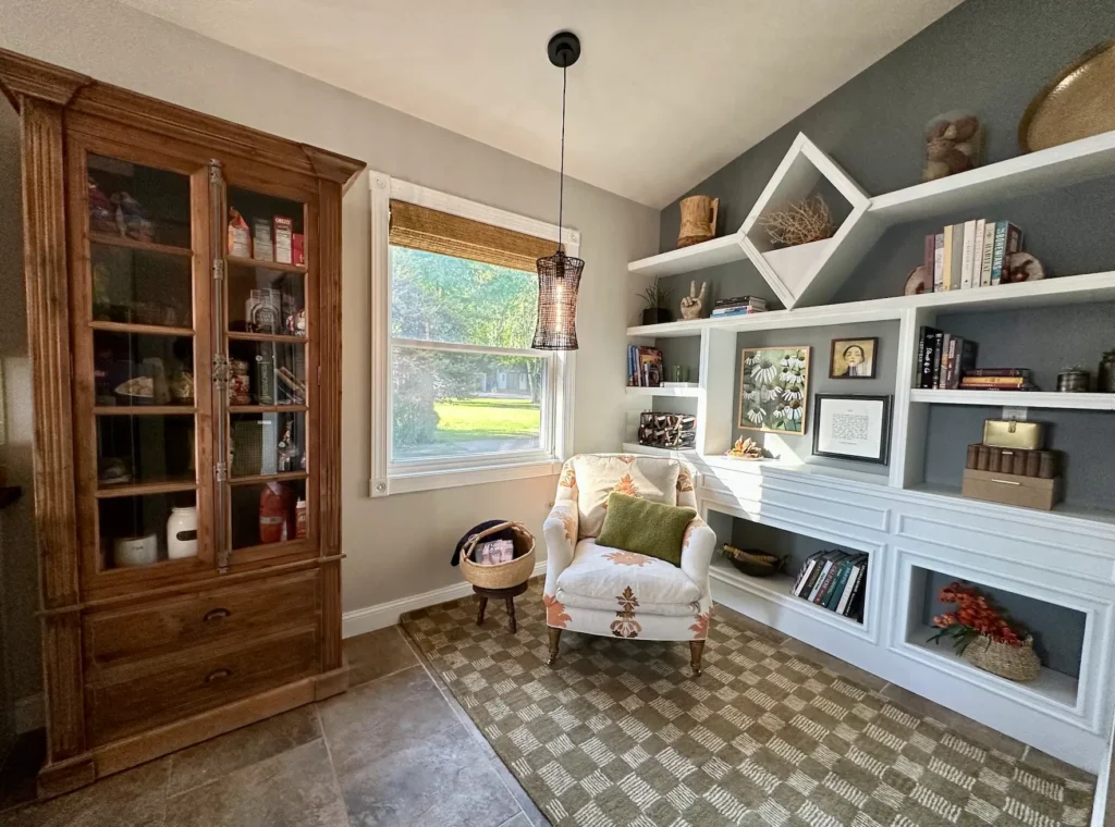 Wood cabinet turns a dead-end corner into functional storage while adding much-needed wood tones to galley kitchen