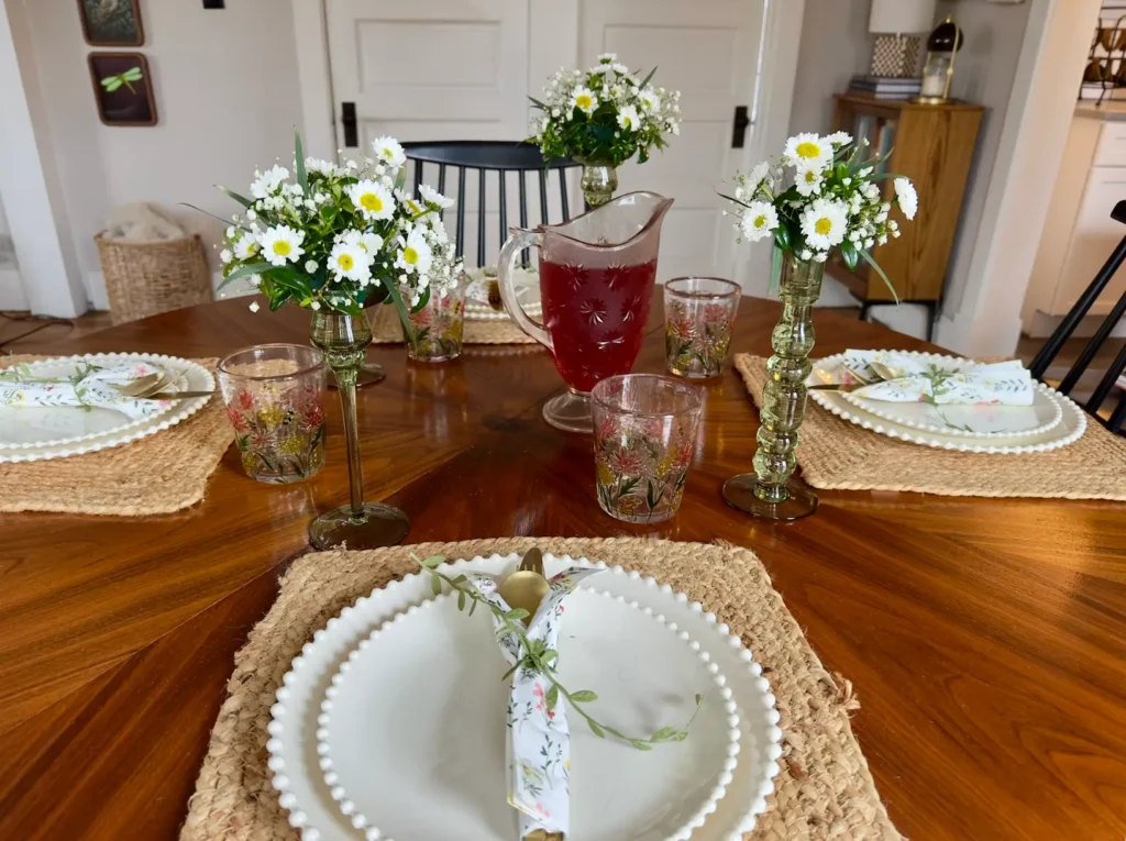 Organic Spring Tablescape: DIY Mini Flower Arrangements in Candlesticks