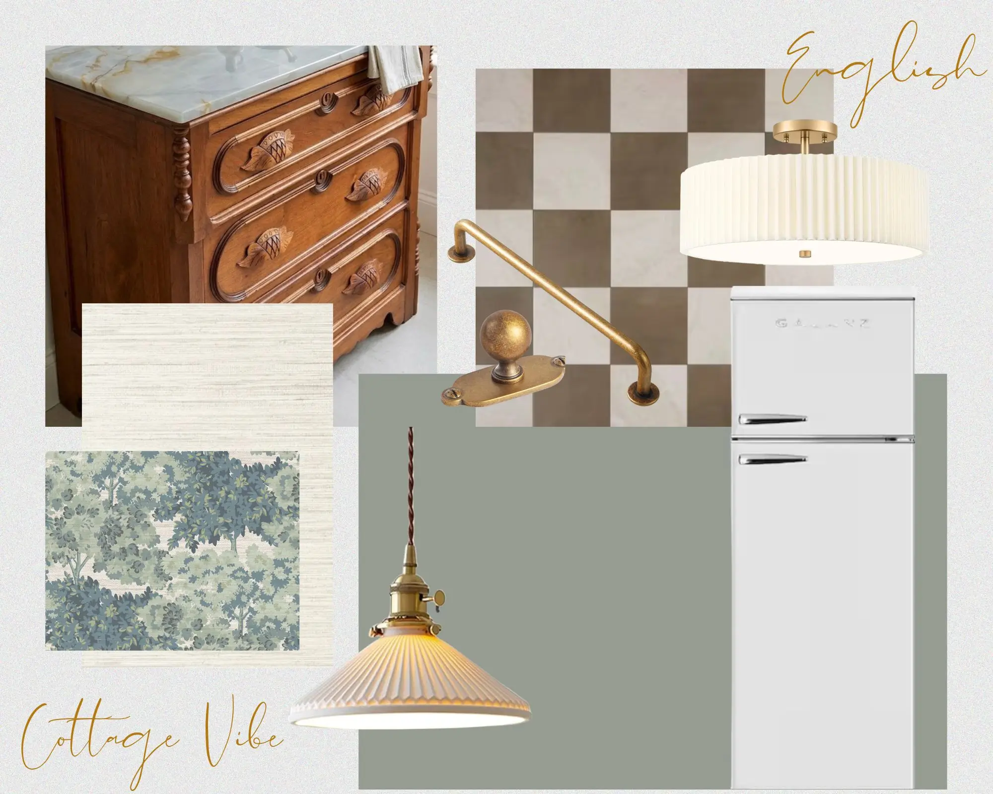 Mood board for an English cottage kitchen featuring green cabinets, brass hardware, wood accents, and blue tones.