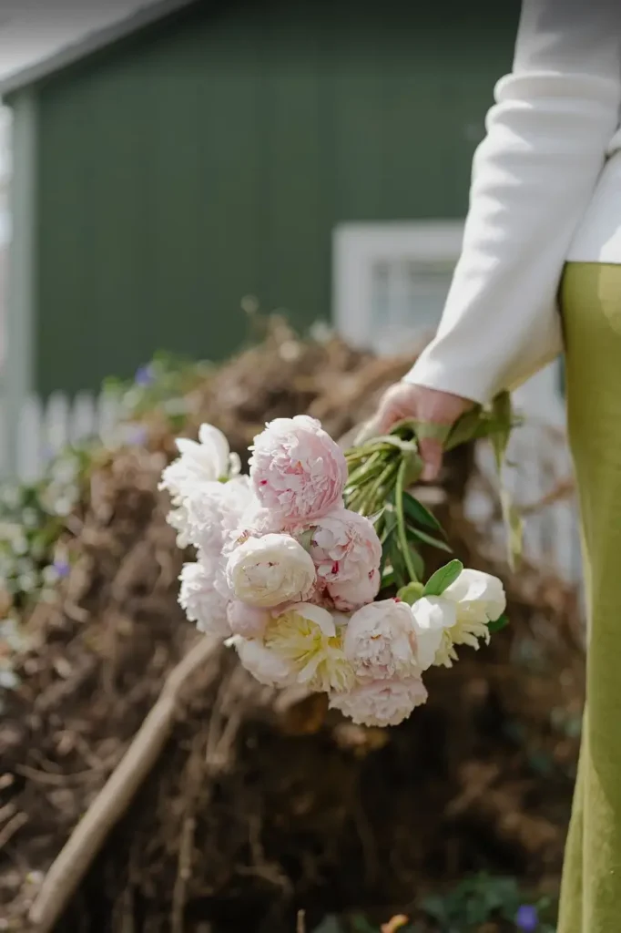 Woman holding a bouquet of peonies from 1-800-flowers